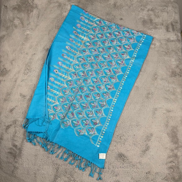 Cashmere Wool Scarf Shawl Wrap Turquoise Blue‎ Embroidered Paisley Design - Picture 1 of 6